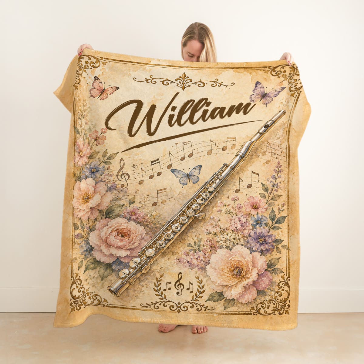 Personalized Flute Blanket, Custom Name Flute Player Gift, Floral Butterfly Vintage Music Decor, Flutist Cozy Sherpa Fleece Throw Blanket