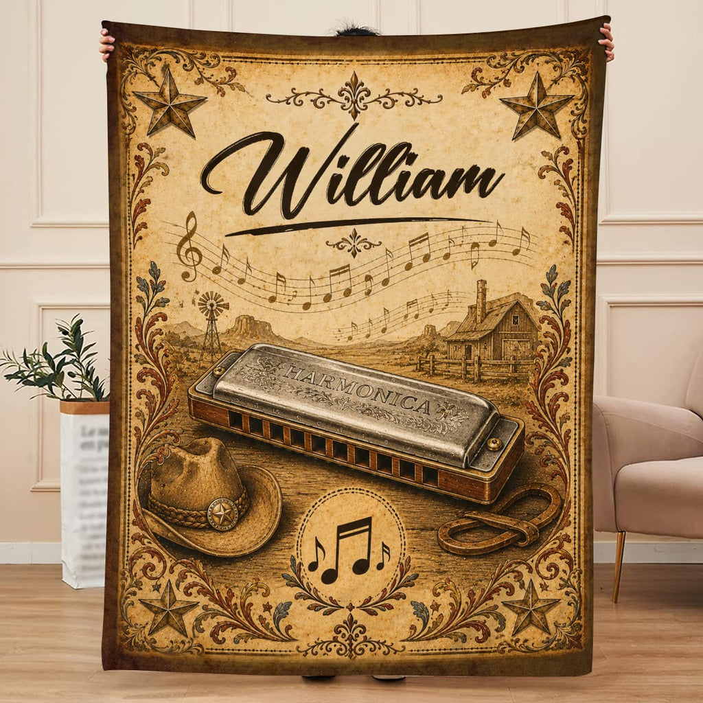 Personalized Harmonica Blanket, Custom Name Harmonica Player Gift, Vintage Harmonica Fleece Blanket, Cozy Sherpa Fleece Throw Blanket, Custom Harmonica Gift for Musician