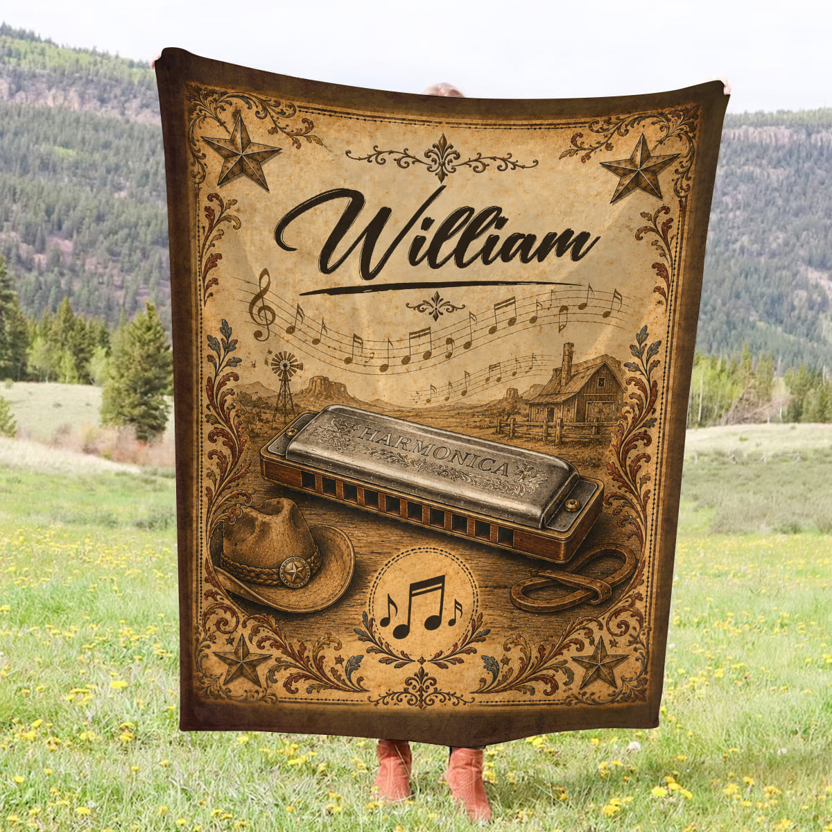 Personalized Harmonica Blanket, Custom Name Harmonica Player Gift, Vintage Harmonica Fleece Blanket, Cozy Sherpa Fleece Throw Blanket, Custom Harmonica Gift for Musician