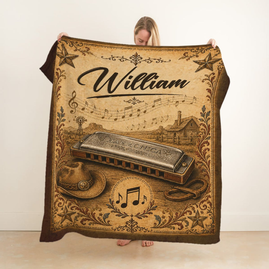 Personalized Harmonica Blanket, Custom Name Harmonica Player Gift, Vintage Harmonica Fleece Blanket, Cozy Sherpa Fleece Throw Blanket, Custom Harmonica Gift for Musician