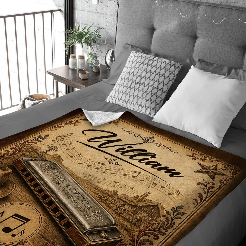 Personalized Harmonica Blanket, Custom Name Harmonica Player Gift, Vintage Harmonica Fleece Blanket, Cozy Sherpa Fleece Throw Blanket, Custom Harmonica Gift for Musician
