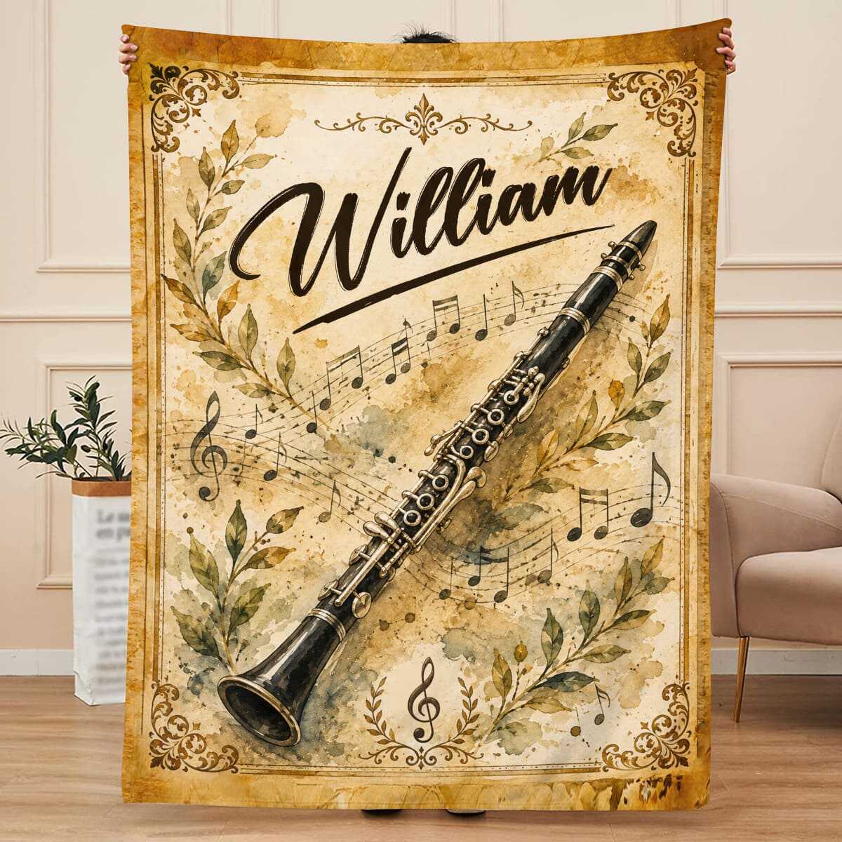 Personalized Clarinet Blanket, Custom Clarinet Player Gift, Clarinet Music Blanket, Clarinetist Gift, Band Student Gift, Musician Gift
