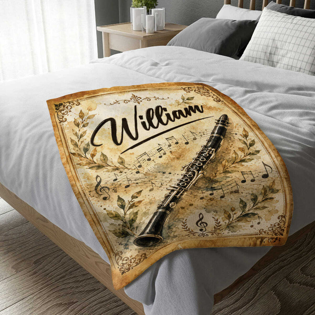 Personalized Clarinet Blanket, Custom Clarinet Player Gift, Clarinet Music Blanket, Clarinetist Gift, Band Student Gift, Musician Gift