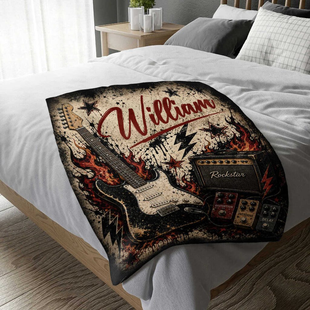 Personalized Electric Guitar Blanket, Electric Guitar Player Gift, Custom Guitarist Gift, Rock Guitar Blanket, Guitar Lover Gift, Rock Music Gift