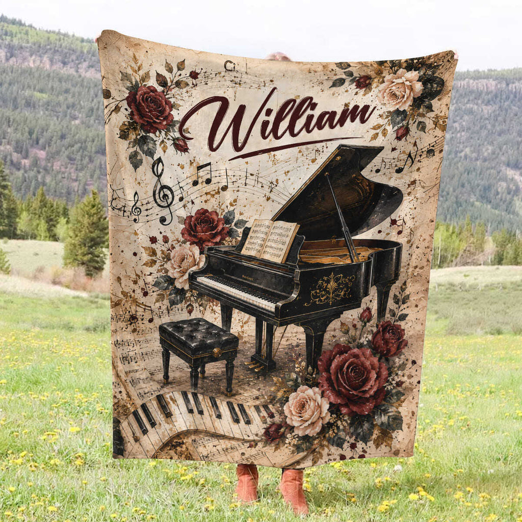 Personalized Piano Blanket, Custom Name Grand Piano Fleece Throw, Vintage Floral Sheet Music Blanket, Pianist Gift, Music Teacher Gift