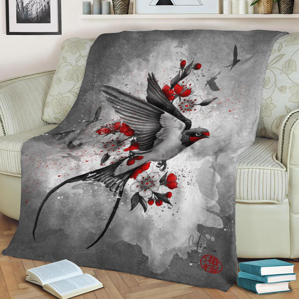 swallows and sakuras Fleece Throw Blanket
