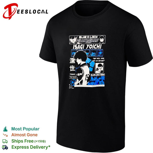 Blue Lock Isagi Yoichi character profile manga panel collage black poster shirt
