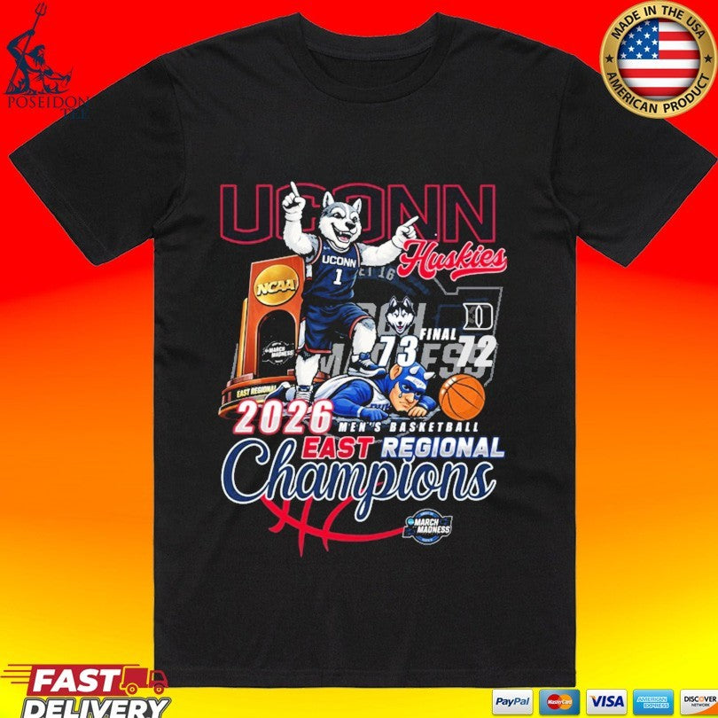 Uconn Huskies Beat Duke Blue Devils Men’s Basketball 2026 NCAA East Regional Champions March Madness Mascot 73-72 Score T-shirt