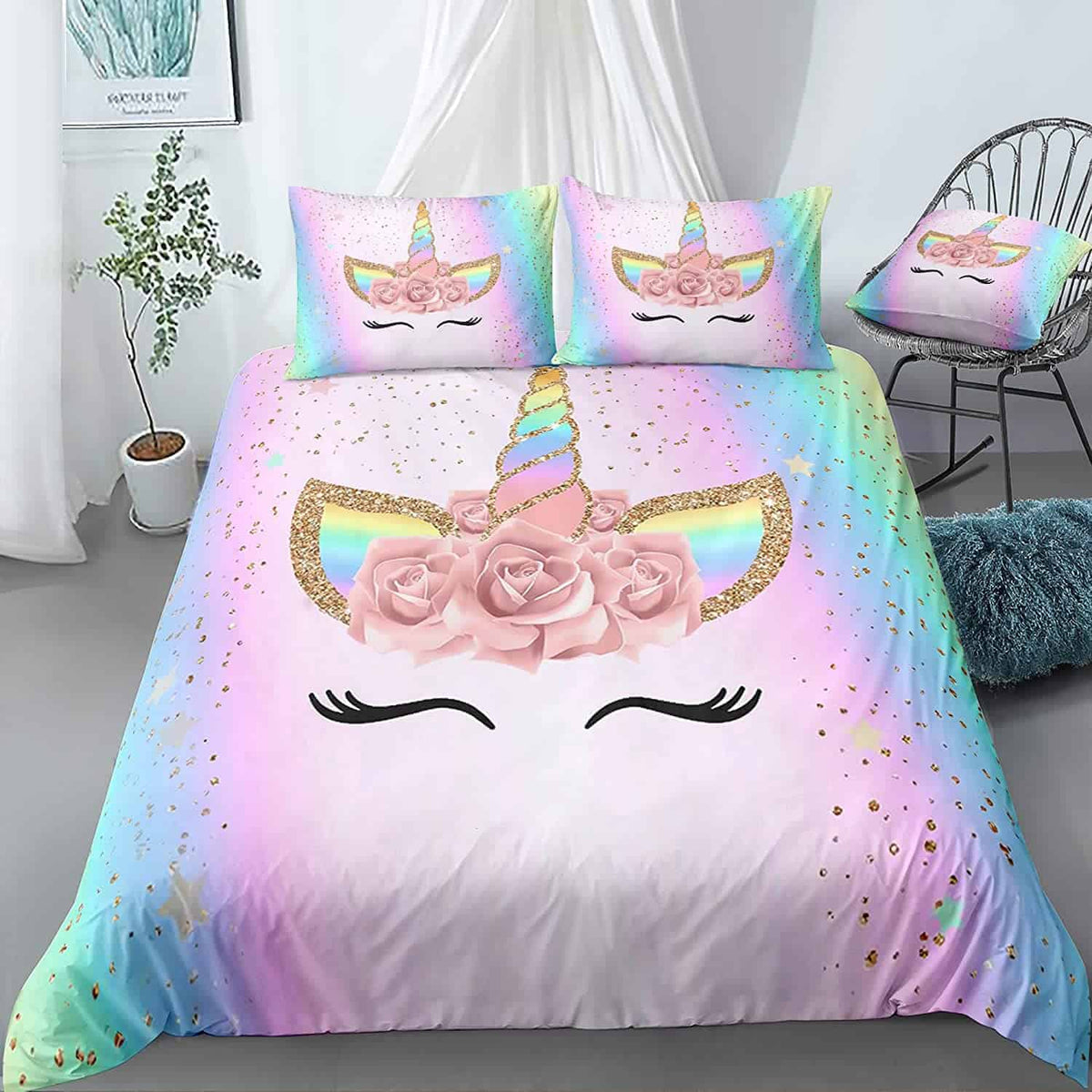 Pretty Unicorn Rainbow Bedding Set (Duvet Cover & Pillow Shams)