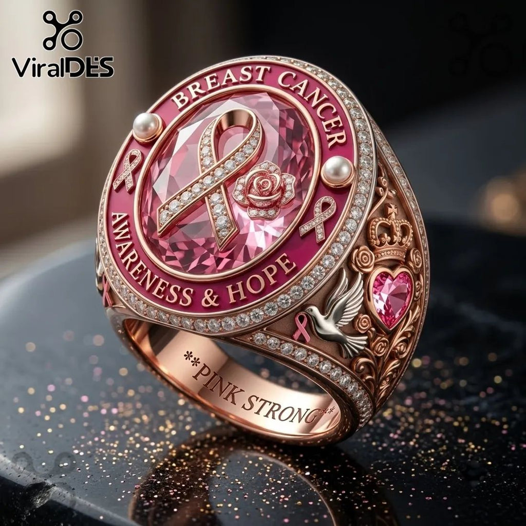 Breast Cancer Awareness Pink Crystal Ribbon Rose Ring