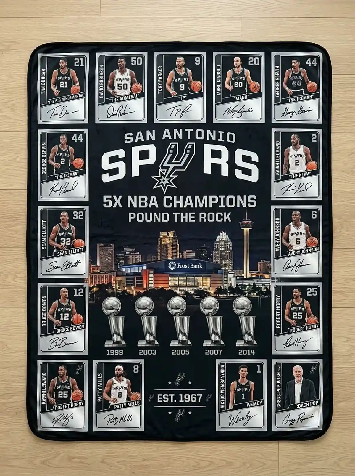 San Antonio Spurs Frost Bank Center 5x NBA Champions Legends Facsimile Signatures Fleece Throw Blanket