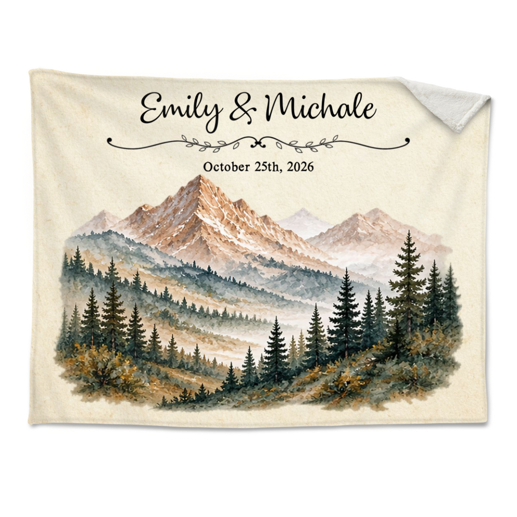 Personalized Couple Mountain Blanket, Custom Couple Name Throw, Scenic Mountain Landscape Blanket, Wedding Gift For Couple, Anniversary Gift