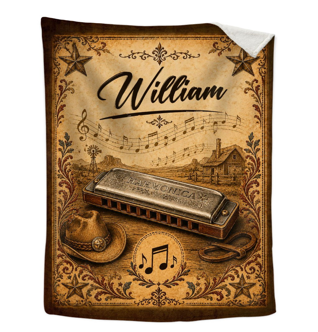 Personalized Harmonica Blanket, Custom Name Harmonica Player Gift, Vintage Harmonica Fleece Blanket, Cozy Sherpa Fleece Throw Blanket, Custom Harmonica Gift for Musician