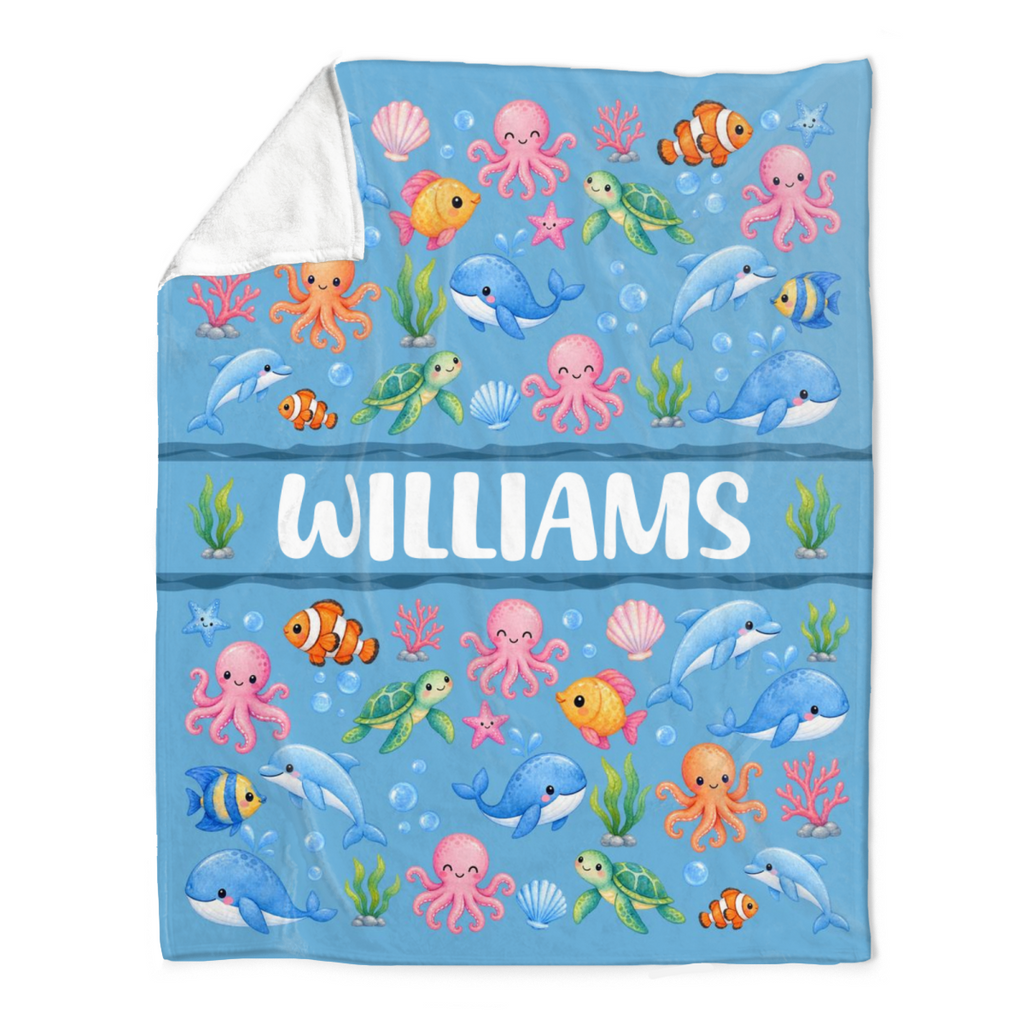 Personalized Ocean Blanket for Kids, Custom Name Sea Animal Blanket, Ocean Animals Baby Blanket, Dolphin Turtle Blanket, Boy Gift