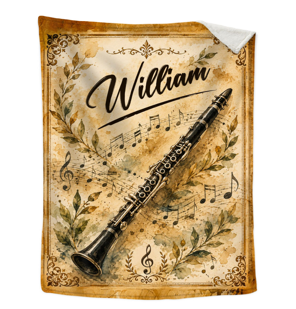 Personalized Clarinet Blanket, Custom Clarinet Player Gift, Clarinet Music Blanket, Clarinetist Gift, Band Student Gift, Musician Gift